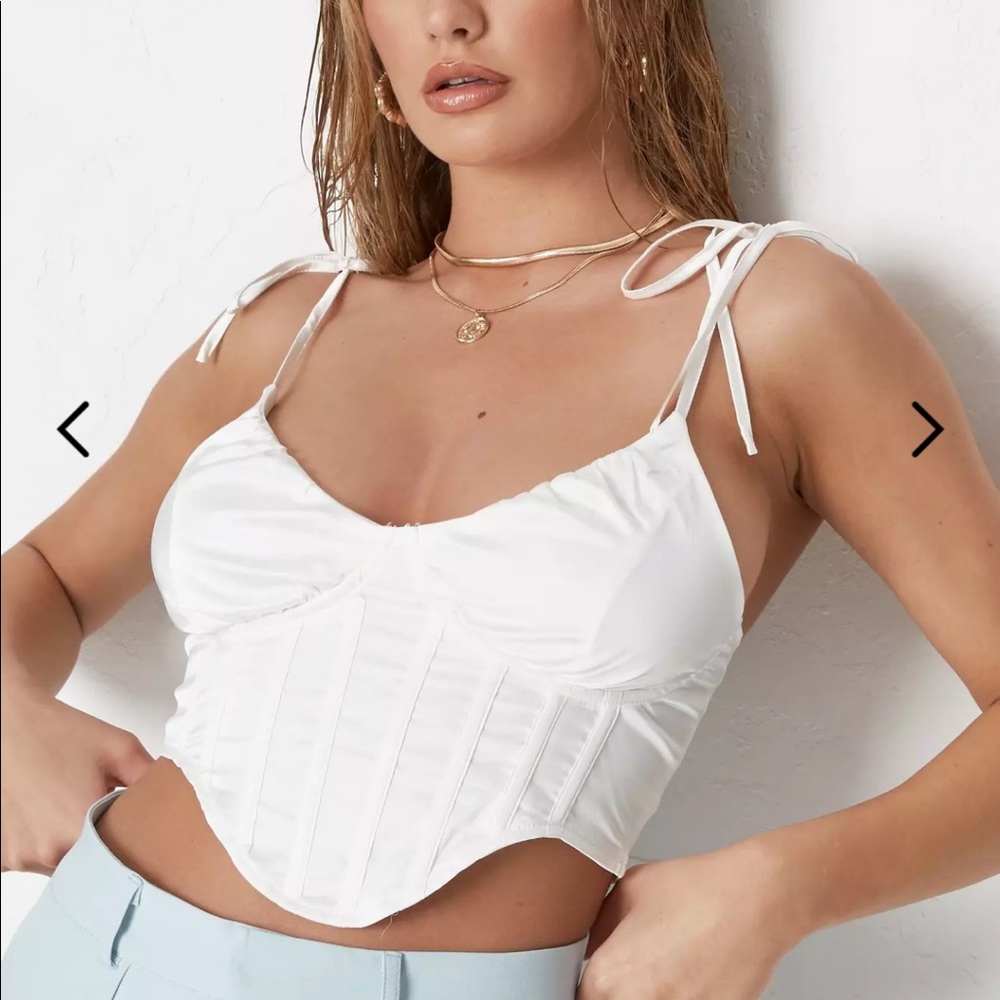 white satin tie shoulder corset top